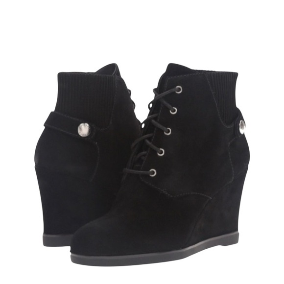 Michael Kors Black Suede Lace Up Carrigan Wedge Boots Size...